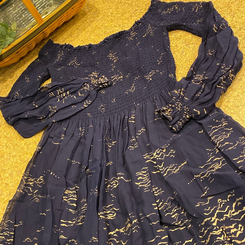 Free People Smocked Top Maxi Dress Medium Blue and Bronze? Gold?